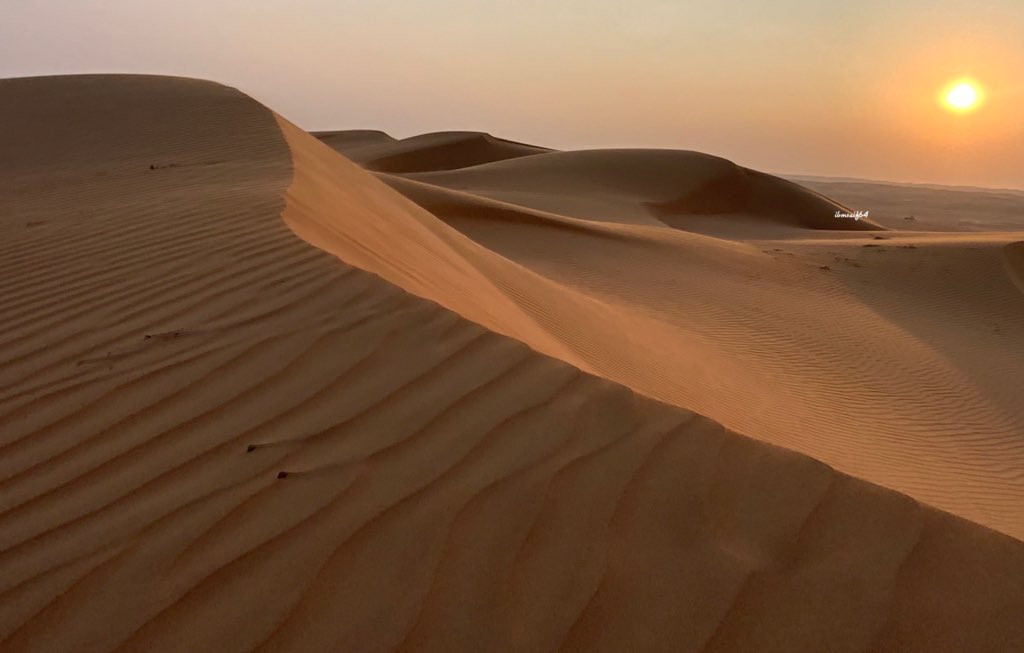 شمس الغروب برمال #بدية تلملم نورها لترسم لوحة الجمال الساحر في الطبيعة كجوهرةً متلألئة لامعة مفعمة بالحيوية والنشاط وكأنها ترسل رسالة فيها حكايات ، تَعكس على خط الشفق رحلة الشوق ويبقى صدر الإنسان صندوقاً مغلقاً يزخر بالذكرياتِ 🍃
#تصويري 
#السياحة_في_عُمان 
#مساء_الخيرᅠ