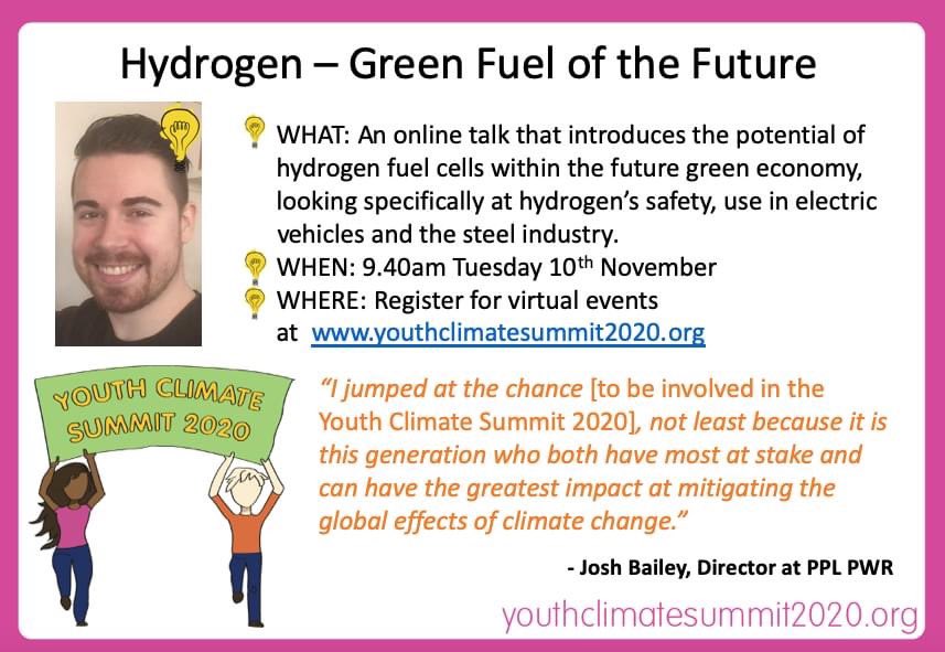 PplPwrOrg's tweet photo. Don’t forget to check out Josh’s virtual talk on the topic of hydrogen fuel cells next Tuesday the 10th for the Youth Climate Summit 2020! Register with Transform our world to partake.
#TransformOurWorld #YouthClimateSummit2020 #hydrogenfuelcells #GreenEnergy https://t.co/riR2djOnMU