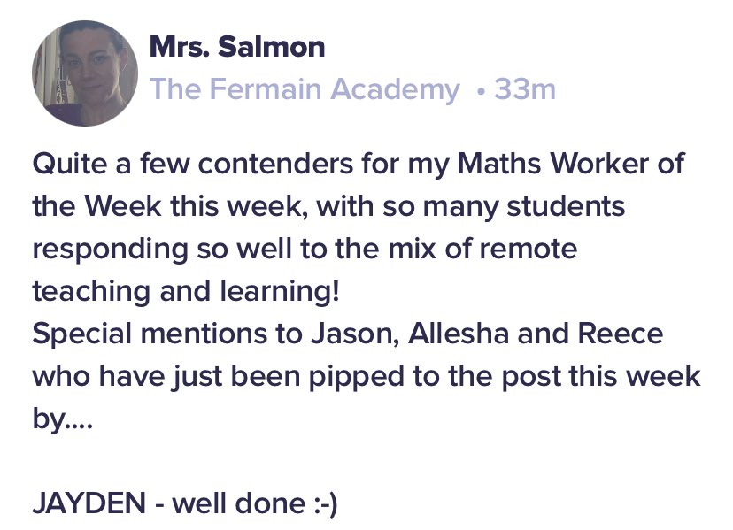 FermainAcademy's tweet photo. Lots of praise for our students this week! Blended learning is new for us all, but youโve adapted brilliantly and done us proud ๐ #isolationteaching #remotelearning #fermainfamily https://t.co/YDyJYty5i5