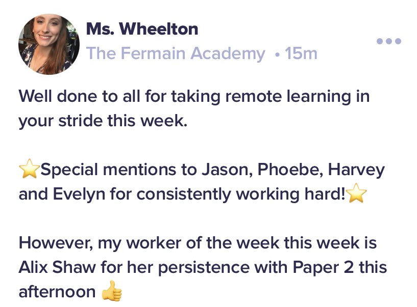 FermainAcademy's tweet photo. Lots of praise for our students this week! Blended learning is new for us all, but youโve adapted brilliantly and done us proud ๐ #isolationteaching #remotelearning #fermainfamily https://t.co/YDyJYty5i5