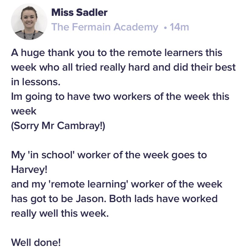 FermainAcademy's tweet photo. Lots of praise for our students this week! Blended learning is new for us all, but youโve adapted brilliantly and done us proud ๐ #isolationteaching #remotelearning #fermainfamily https://t.co/YDyJYty5i5