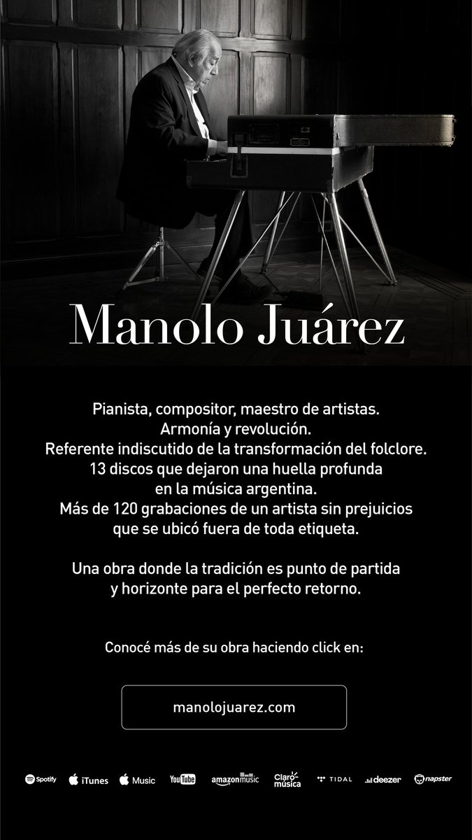 Hoy!
Lanzamiento de su obra completa.
Disponible en plataformas y en su página web
#manolojuarez
#maestro
#musicaargentina