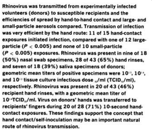 FN 35 is a study of mode of rhino.It supports the "concept" that fomite effective. It's hard to show someone actually got infected through fomites. What the studies tend to show is how long virus lasts on surfaces, etc., and that can be transferred to fingertips.