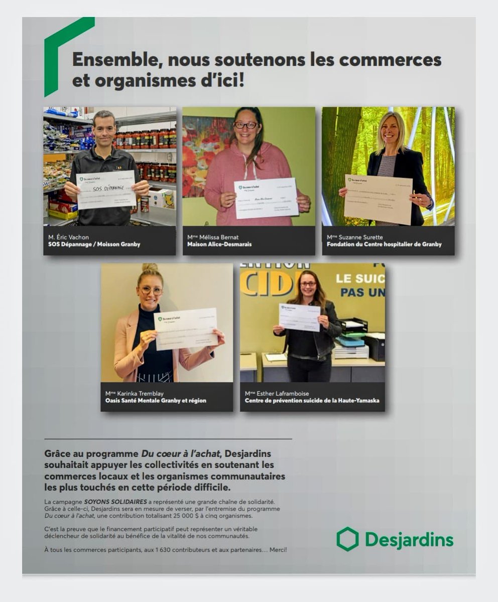 info_oasissm's tweet photo. Nous tenons a remercier Desjardins , caisse de Granby-Haute-Yamaska pour son programme , du coeur à l’achat. Grâce à ce programme,  un montant de 5000$  a été remis à notre organisme . Merci de nous aider à soutenir les membres de l'entourage .💚 https://t.co/lAdeYWfsxb