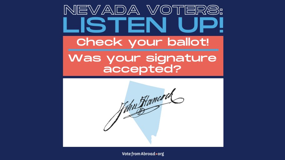 vfaglobal's tweet photo. 🚨🚨 Attention Nevada voters overseas! Check your email and spam folder NOW! You may need to "cure" your ballot - deadline is November 12th. Find out more here: https://t.co/JGWb2ckkzJ #curingballots #NevadaElection #Americansoverseas https://t.co/G98NGTrn28