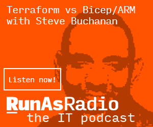 RunAsRadio's tweet photo. What's a better Infrastructure-as-Code solution for Azure - ARM Templates or Terraform? @buchatech compares the approaches on RunAsRadio at https://t.co/xwIobSIBaZ - including a mention of Bicep! https://t.co/4k9VsJ91xk