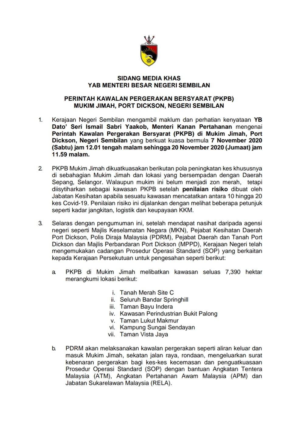 Ns Daily On Twitter Kenyataan Media Ns Daily Perintah Kawalan Pergerakan Bersyarat Pkpb Bagi Mukim Jimah Port Dickson Negeri Sembilan 07 Hingga 20 November 2020 Sumber Menteri Besar Negeri Sembilan Yab Dato