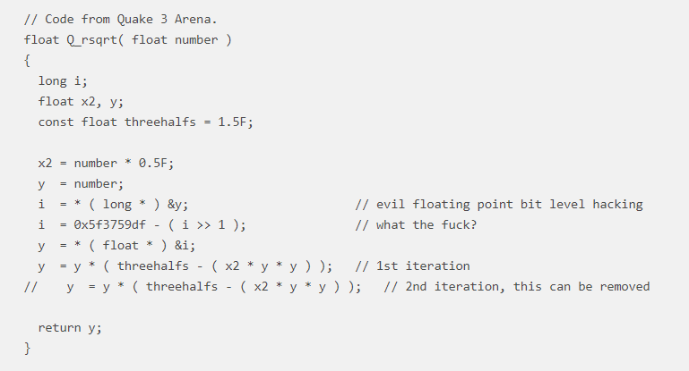 francoisz's tweet photo. Fast Inverse Square Root: The explanation of this clever trick for optimizing a slow calculation in the Quake3 source code is a great occasion to do some maths. Also a great way to show that programmers don't think like the rest of us. #FridayLink https://t.co/OvBb9qn8z9 https://t.co/9AP6OZqqho