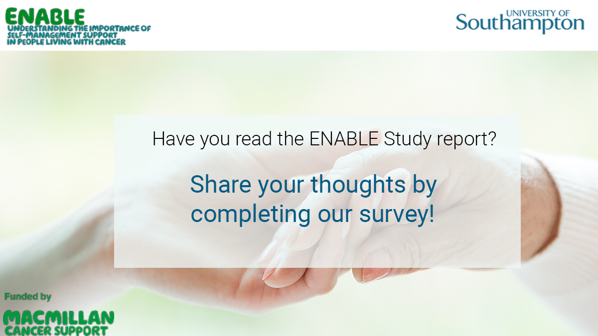 ENABLE_UoS (@enableuos) on Twitter photo The ENABLE study is an ongoing longitudinal qualitative
study led by the <a href="/HORIZONS_MSRG/">HORIZONS</a>, <a href="/unisouthampton/">University of Southampton</a>, in collaboration with the <a href="/TheChristieNHS/">The Christie NHS</a> & the <a href="/PlymUni/">University of Plymouth</a>. See the full report here: bit.ly/2TPevJg
You can complete the survey here: bit.ly/36pWl75 The ENABLE study is an ongoing longitudinal qualitative
study led by the <a href="/HORIZONS_MSRG/">HORIZONS</a>, <a href="/unisouthampton/">University of Southampton</a>, in collaboration with the <a href="/TheChristieNHS/">The Christie NHS</a> & the <a href="/PlymUni/">University of Plymouth</a>. See the full report here: bit.ly/2TPevJg
You can complete the survey here: bit.ly/36pWl75
