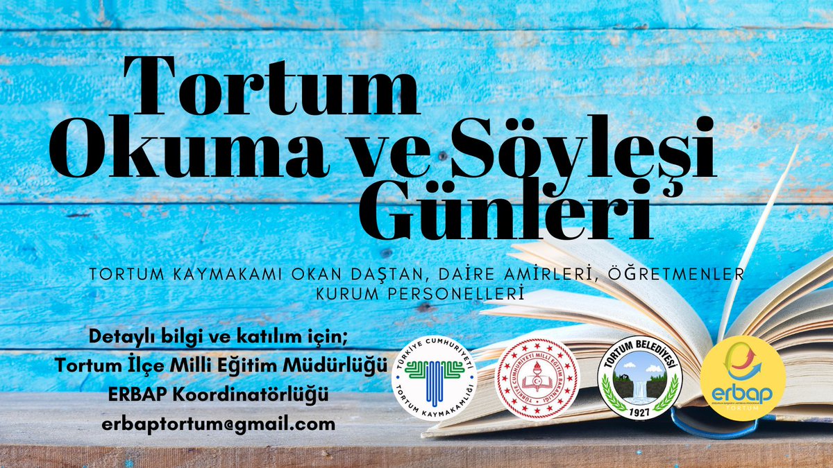 Tortum'da  okuma alışkanlığının kazandırılması ve farkındalığının artırılması için "Kitap Okuma ve Söyleşi Günleri" düzenliyoruz. Tortum Kaymakamı Sn. Okan DAŞTAN'ın da katılımıyla okunan kitaplarla ilgili söyleşiler düzenlenecektir.
 <a href="/DastanOkan/">Okan Daştan</a> <a href="/skaygusuz/">Salih Kaygusuz</a> <a href="/OrhanOzen_25/">Orhan ÖZEN</a>
