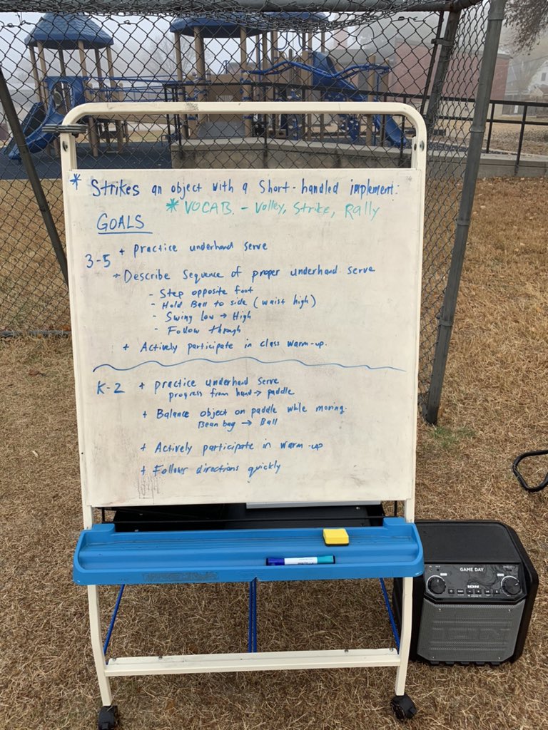 CoachHudson253's tweet photo. Don’t worry. I have my standard and goals posted! 👍 Not gonna lie it’s a lot of work hauling all this equipment from the gym to the field, plus cleaning and sanitizing all the equipment between classes, but man it is so worth it!! Love my job! #emporiaproud #PhysEd #makeanimpact https://t.co/6Bpdce91oj