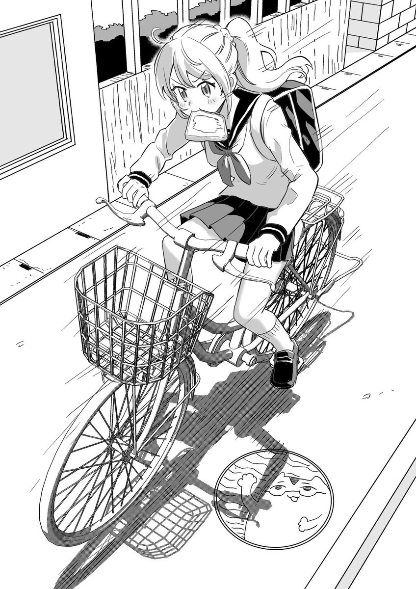自転車、女子高生、パン 