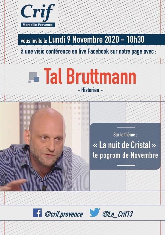 Le_Crif13's tweet photo. 🎙 #CONFERENCE : « La nuit de Cristal »,le pogrom de novembre.
À l’occasion du 82ème anniversaire de la Nuit de Cristal, nous vous vous invitons à une conférence exceptionnelle avec l’historien #TalBruttmann lundi 9 novembre dès 18h30 en #LiveFacebook ⤵️
https://t.co/MkMbLUXQH9 https://t.co/3vaD6HfyN7