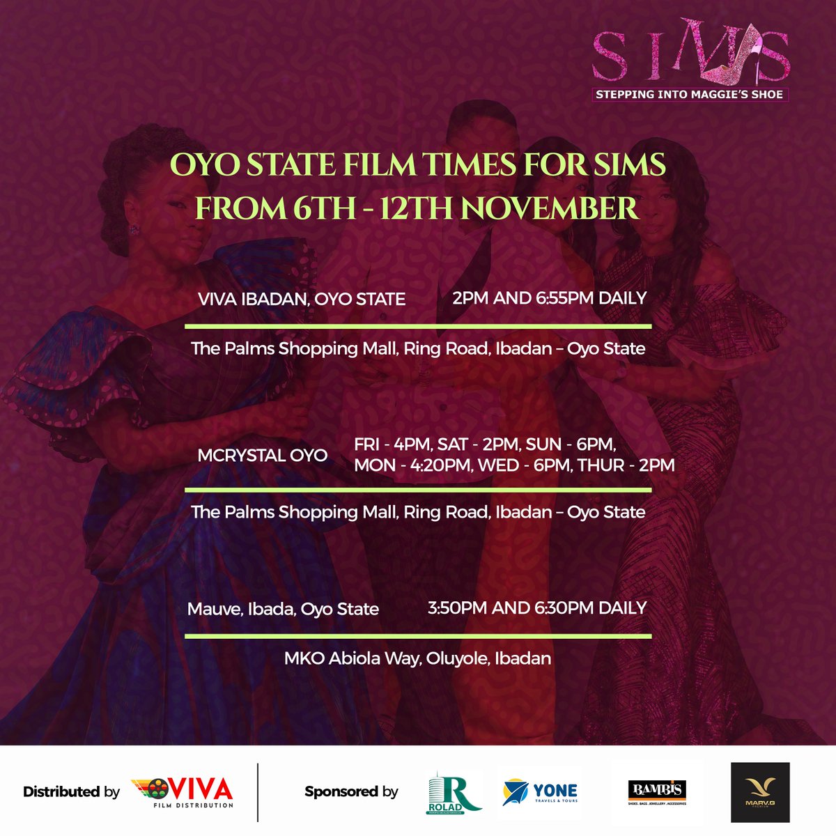 thePRcaptain's tweet photo. Let me make it simple for the guys staying in Ibadan,  Osun, Ogun, Edo. "Stepping into Maggie's Shoe" is now showing at the following locations. 

Don't say i didn't do anything good for you! Cinema is open back, a good time to go watch #SIMSTheMovie https://t.co/RzGI6Ysz6E