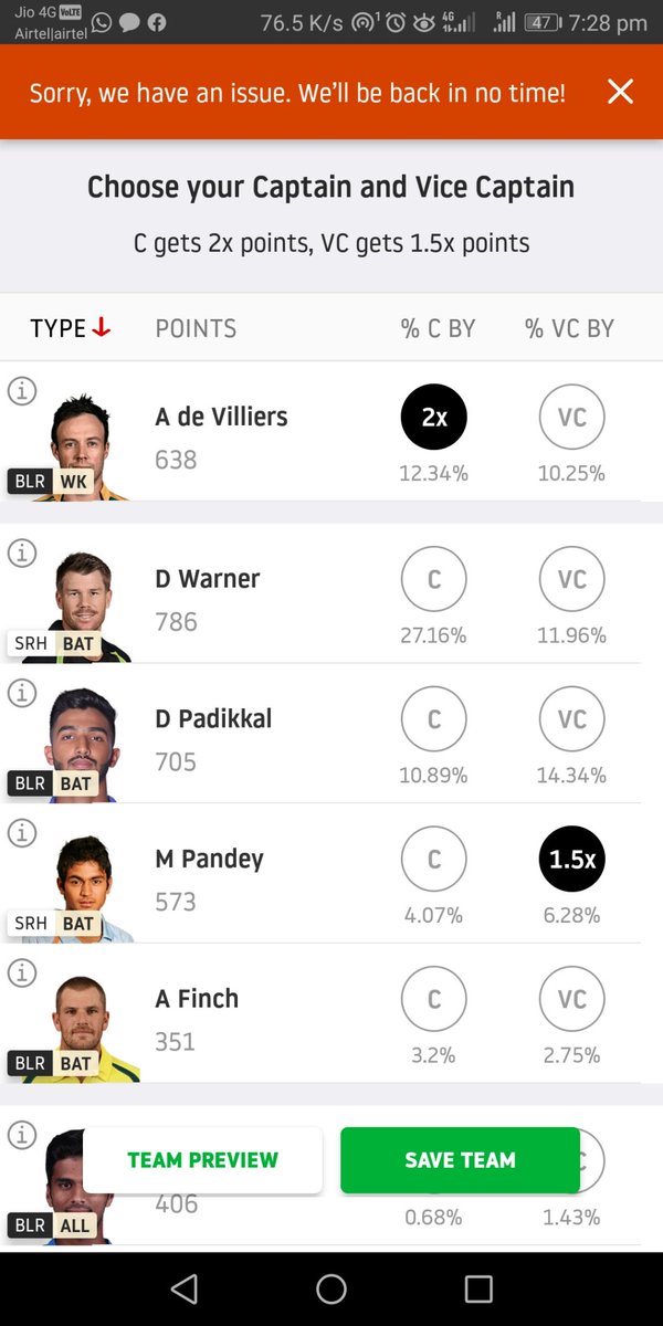 ANKURPRAKASH156's tweet photo. @Dream11 today the app did not allow me to change the team after announcement. I tried for 20 mins but it was giving same error. https://t.co/Yjw4uY8s1e