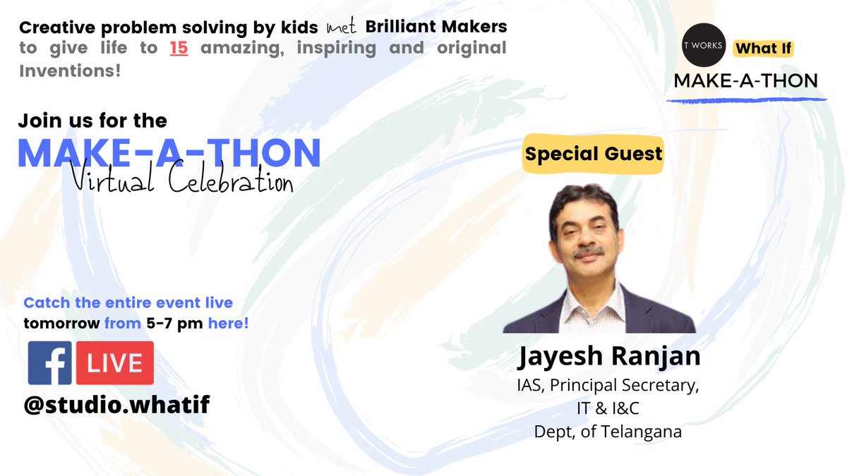 studio_whatif's tweet photo. We're excited to have @jayesh_ranjan (IAS, Principal Secretary, IT and I &amp; C, Dept. of Telangana) join us at the #Makeathon Virtual Event tomorrow from 5-7pm! Link: https://t.co/X2nH1AqQu1 @TWorksHyd https://t.co/FYvcuWXHyu