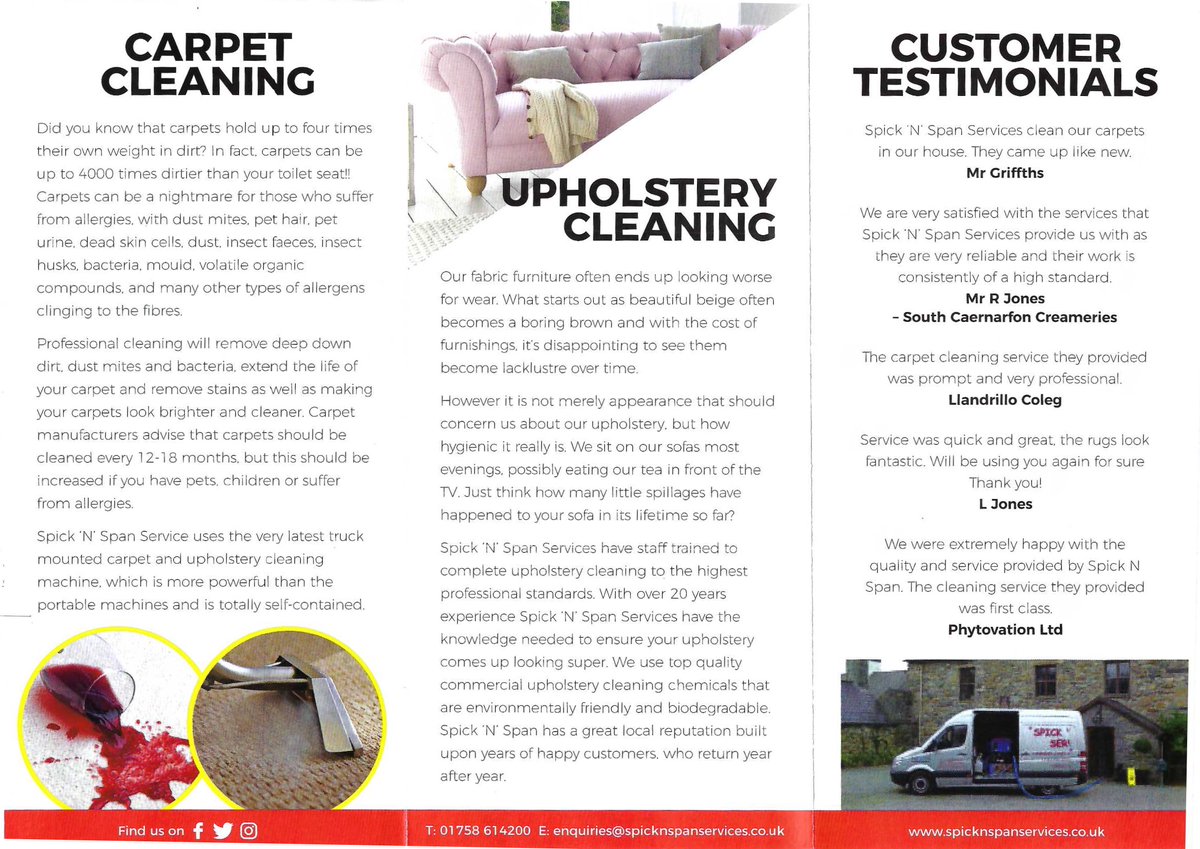 Spick n Span have 20+ years experience in carpet, flooring and upholstery cleaning.  If you are looking for a fast, friendly and reliable service then contact us on: 

Tel: 01758 614200
Email: enquiries@spicknspanservices.co.uk

#carpet #cleaning #clean #fabrics #flooring