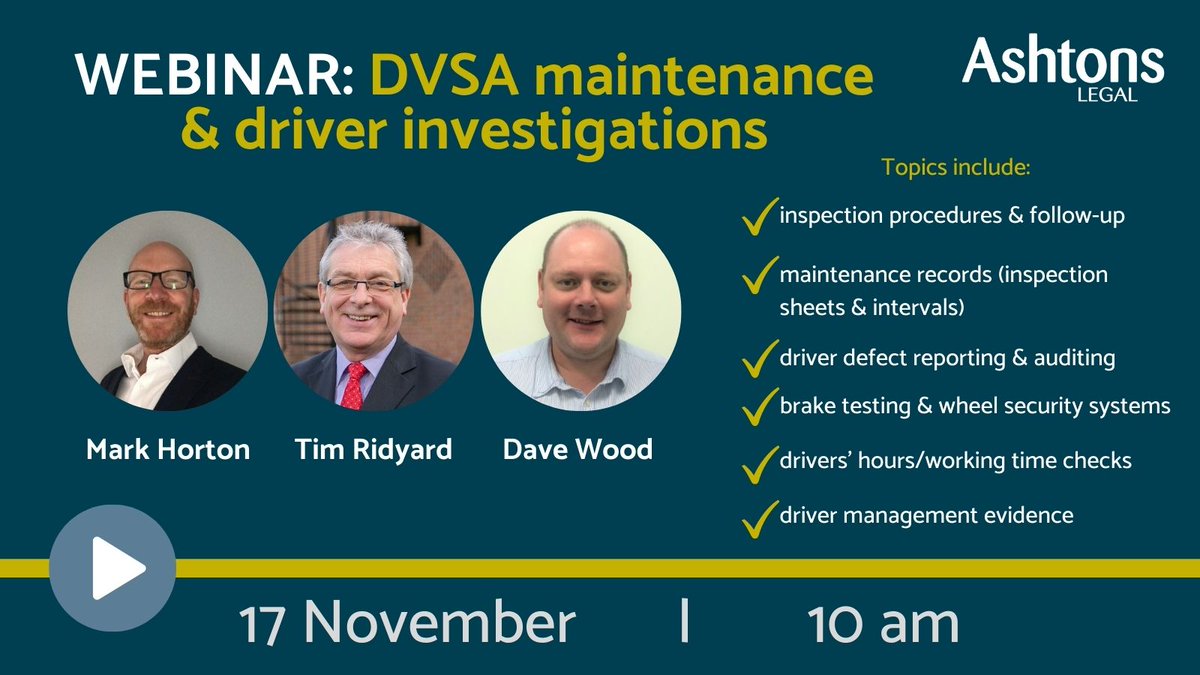 Our #transport law🚛 expert <a href="/TransportLaw/">TransportLaw</a> and enforcement policy managers, Dave Wood and Mark Horton, from the <a href="/DVSAgovuk/">Driver & Vehicle Standards Agency</a> are presenting a FREE webinar on 17 November at 10am. Find out more here: ashtonslegal.webinarninja.com/hybrid-webinar… #DVSA  <a href="/DVSAEnforcement/">DVSA Enforcement</a>
