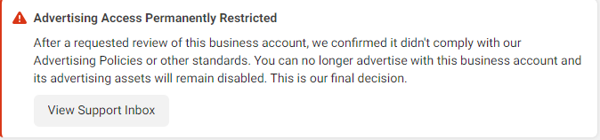 JamesWeiser's tweet photo. @OkGillam @herrmanndigital @robleathern My agency just had our whole business manager shut down. Over 838 ad accounts and this was their final decision. What do we do? https://t.co/0UgwyWXOz8