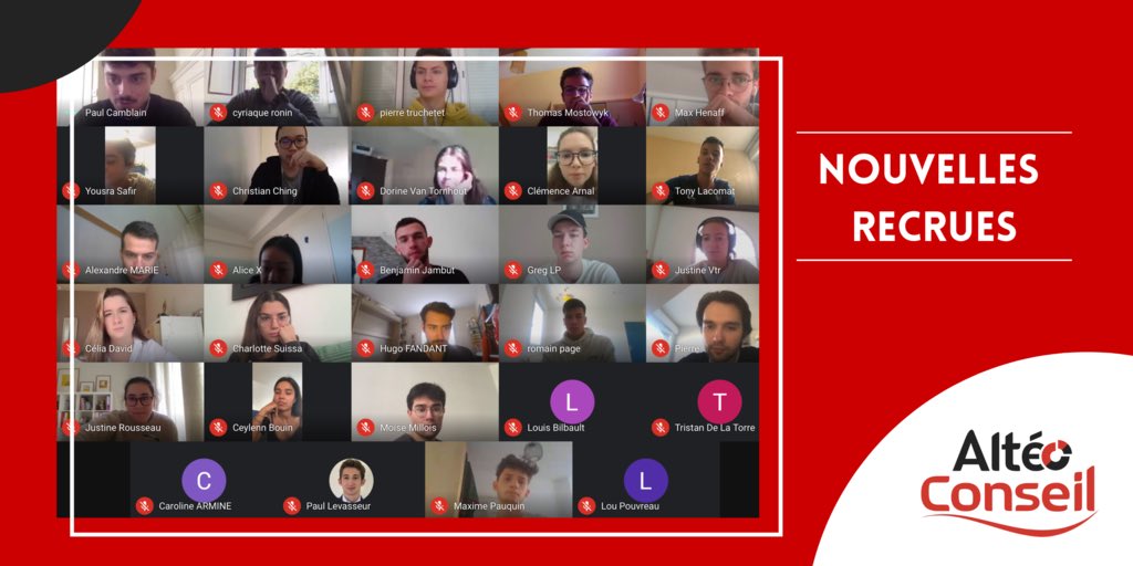 Cela fait maintenant une semaine que nos 28 nouvelles recrues ont intégré l’équipe d’Altéo Conseil, tous motivés et prêts à s’impliquer! Ils ont d’ailleurs déjà commencé leurs formations en visioconférence cette semaine !
#WeAreJE