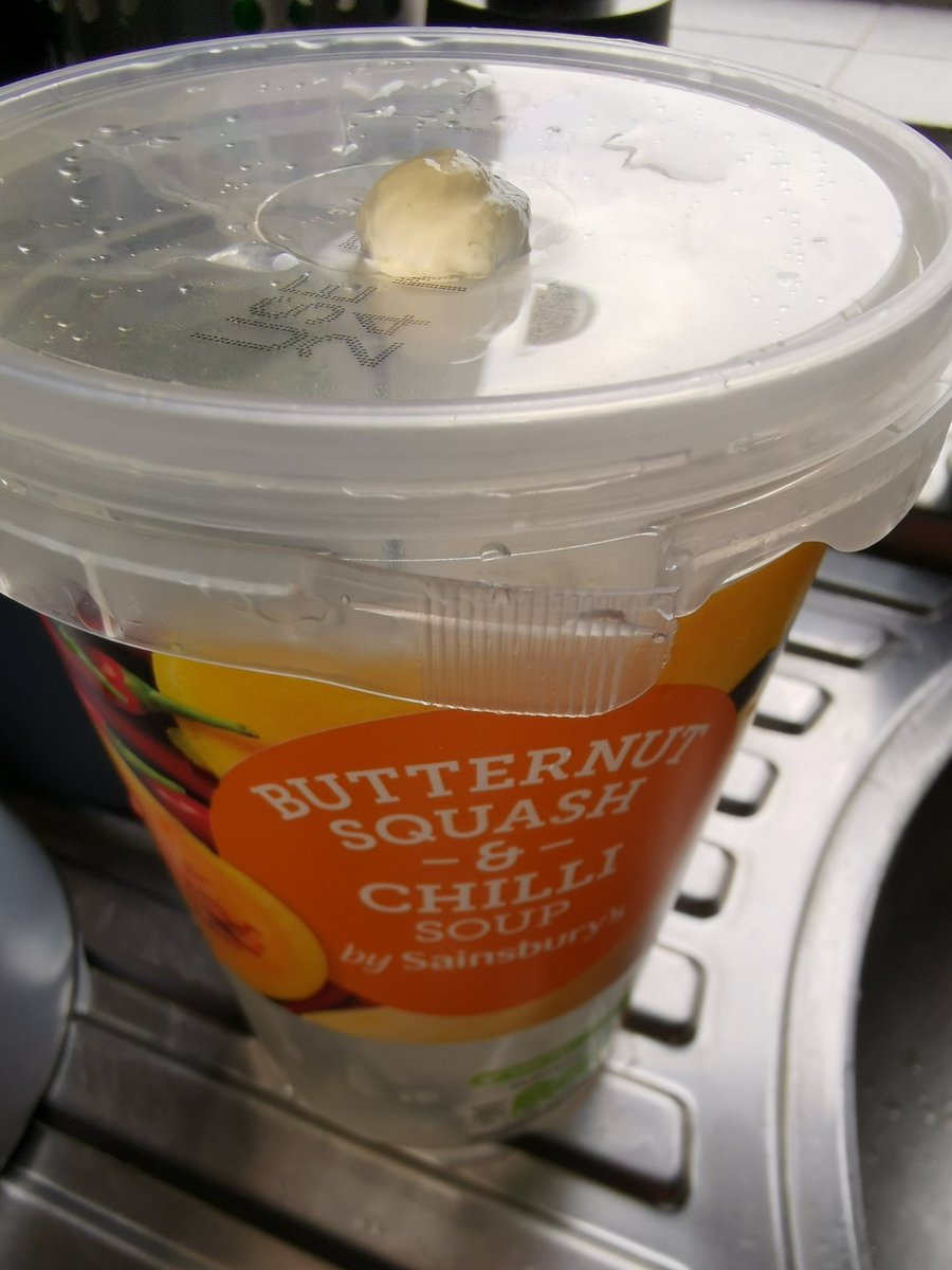 perryharlock's tweet photo. @sainsburys just found this weird blob in some butternut squash and chilli soup. Is that normal?
We didn't it luckily but had to throw the soup away as it tasted plasticy. https://t.co/xKCOmKfiUj