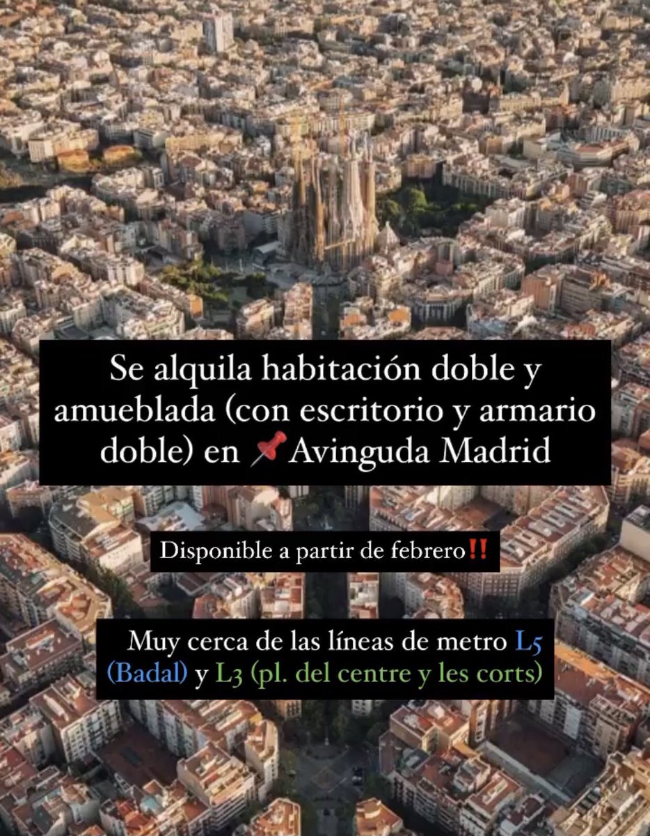 SE ALQUILA UNA HABITACIÓN DOBLE EN BARCELONA. Avinguda Madrid, cerca de la línea 5 (Badal) y línea 3 (Plaça del Centre y Les Corts)
Para entrar a partir de Febrero
Agradecería un RT, gracias✨