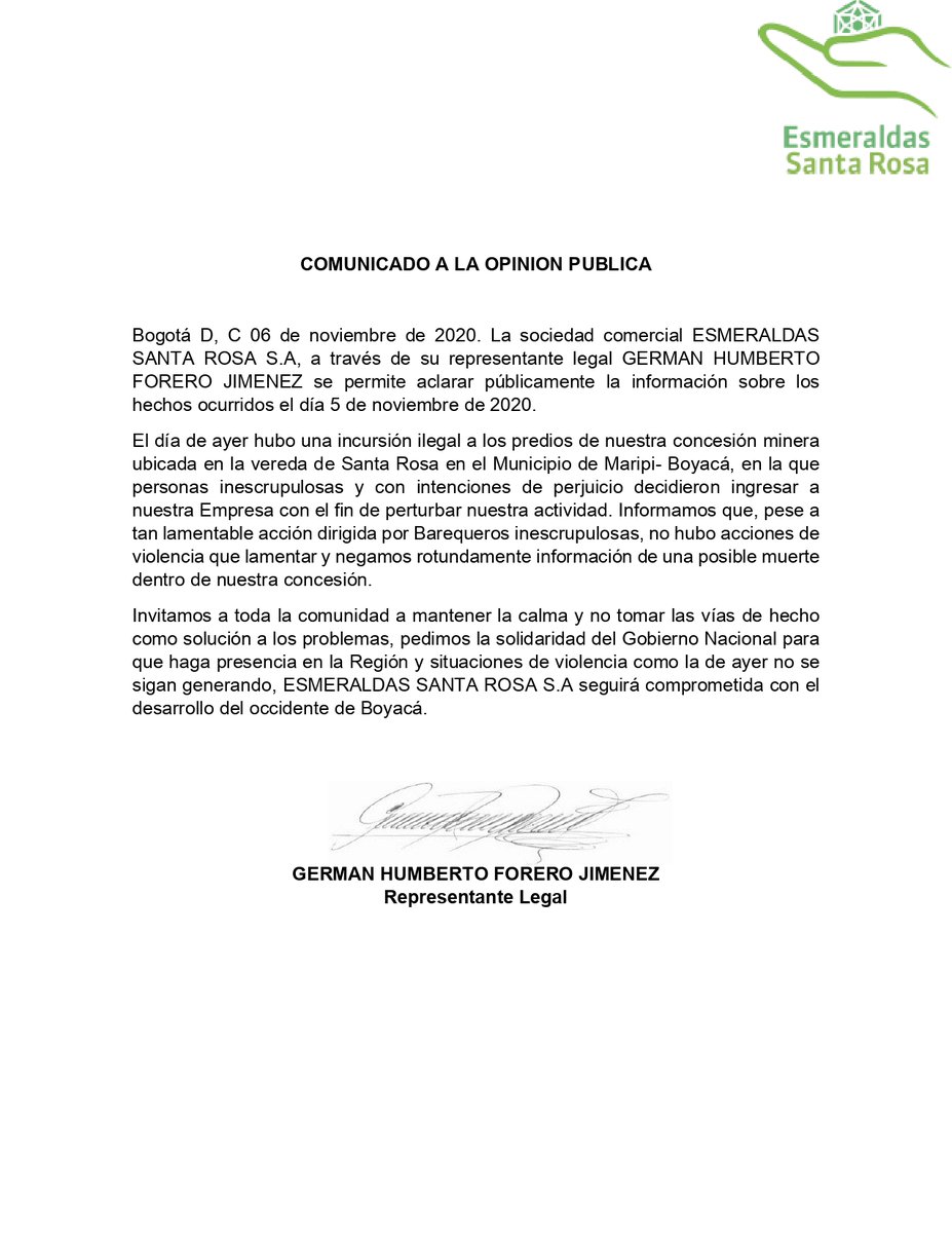 Comunicado de Esmeraldas Santa Rosa sobre la incursión ilegal emprendida por inescrupulosos el día de ayer en los predios de la concesión minera de la empresa en Maripí. No hubo acciones de violencia y se niega rotundamente la información sobre una posible muerte. #Boyacá