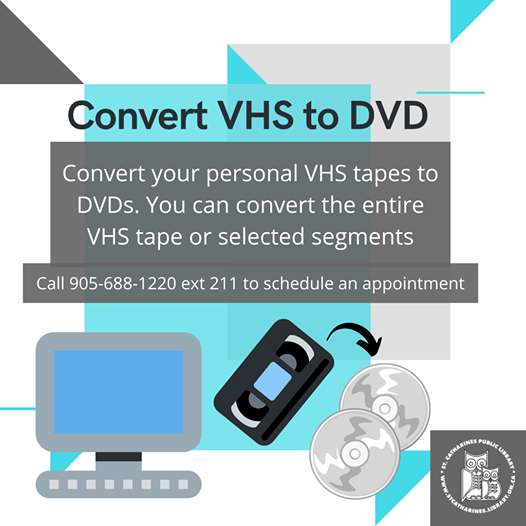 stcathlibrary's tweet photo. Our VHS to DVD Converter is up and running again! To sign up for an appointment, give us a call at 905-688-6103 ext 211.
#scplibrary #ourhomestc #libraryservices #vhstodvd #stcatharines https://t.co/hDxwZYghgW