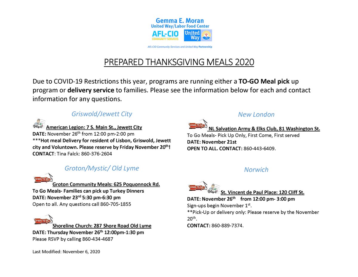 UnitedWaySECT's tweet photo. REVISED listing of where to find prepared Thanksgiving meals this holiday - all are either TO-GO or delivery. (One update made was to the address of Groton Community Meals.) Contact agencies directly to arrange &amp; for more information. https://t.co/uzJjaSOeAy