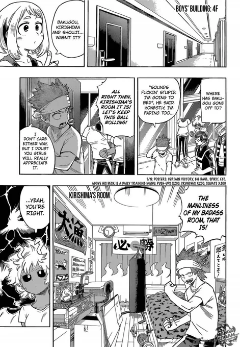Manga ch.99: Uraraka praises Kirishima's room and shares his "manly" tastes. 