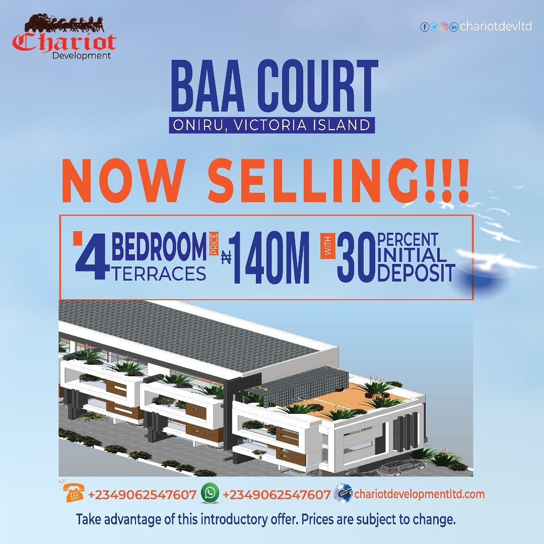 ChariotDevLtd's tweet photo. Now Selling !!!
BAA COURT LUXURY APARTMENTS
4 BEDROOM TERRACES
Oniru
#chariotdevltd #luxury #realestateagents #realestateinvesting #realestatemarket #RealEstateNews #realestateinvestor #lekki #ikoyi #ikeja #surulere #abuja #lagos #Lekkirealtor #luxurylife #affordableproperties https://t.co/WGxW41DefT
