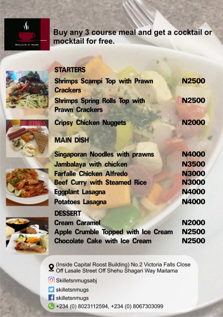 SkilletsN's tweet photo. @mamannajwa @Olorienem @AyoOyalowo @etinmagbe @DrJoeAbah @elizafut @AHayatu @woye1 @AjuriNgelale @SusanHenshaw50 @the_davidatta @ishakaa @scarfizal @4eyedmonk @abikedabiri We are so sorry about that. Please find below our take out menu.

The eggplant lasagna is 4k,while the cream caramel is 2k.
You can also reach us directly on our mobile phone. 08023112594 https://t.co/TSqEWsOxFV