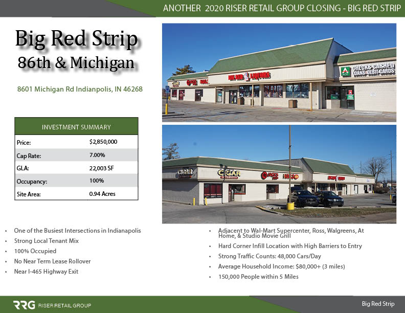 RiserRetail's tweet image. Riser Retail Group is pleased to announce the recent sale of Big Red Liquors Strip Center at 86th St. &amp;amp; Michigan Rd. in Indianapolis, IN.