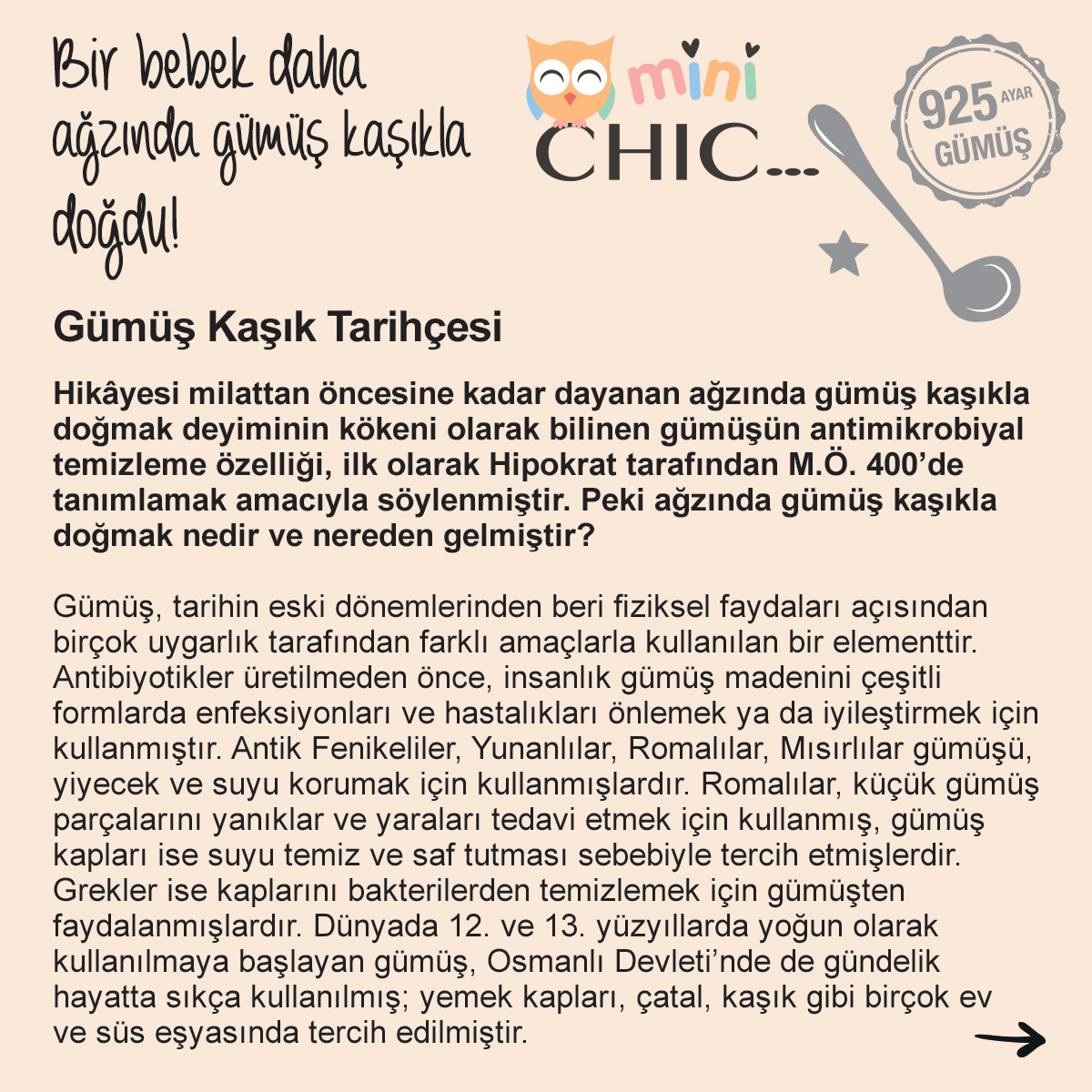 SoCHICGlobal's tweet photo. Ağzında gümüş kaşıkla doğmak deyiminden yola çıkarak hazırlanan Mini CHIC Gümüş Mama Kaşığı şimdi mağazalarımız ve https://t.co/IVQvD8a2hP’de! 🥄
Ürün Kodu: 0727499
#sochic #sochicışıltısı #wearesochic #minichic https://t.co/RwFoacgTSR