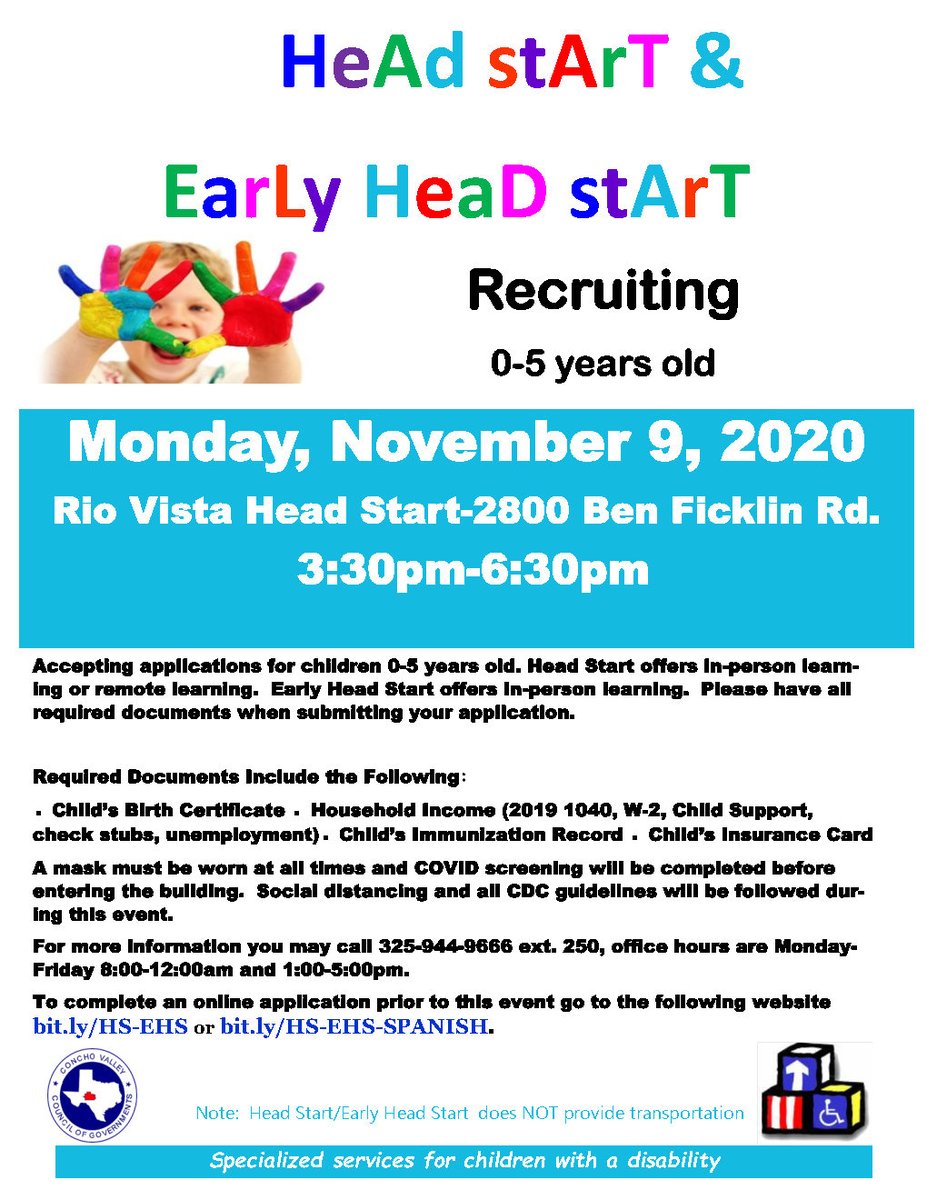 ConchoValleyCOG's tweet photo. Head Start and Early Head Start are taking enrollments at our Rio Vista Location Monday, November 9th. See our flyer or call 325-944-9666 ext 250 for more details. https://t.co/fmppOA1JBS