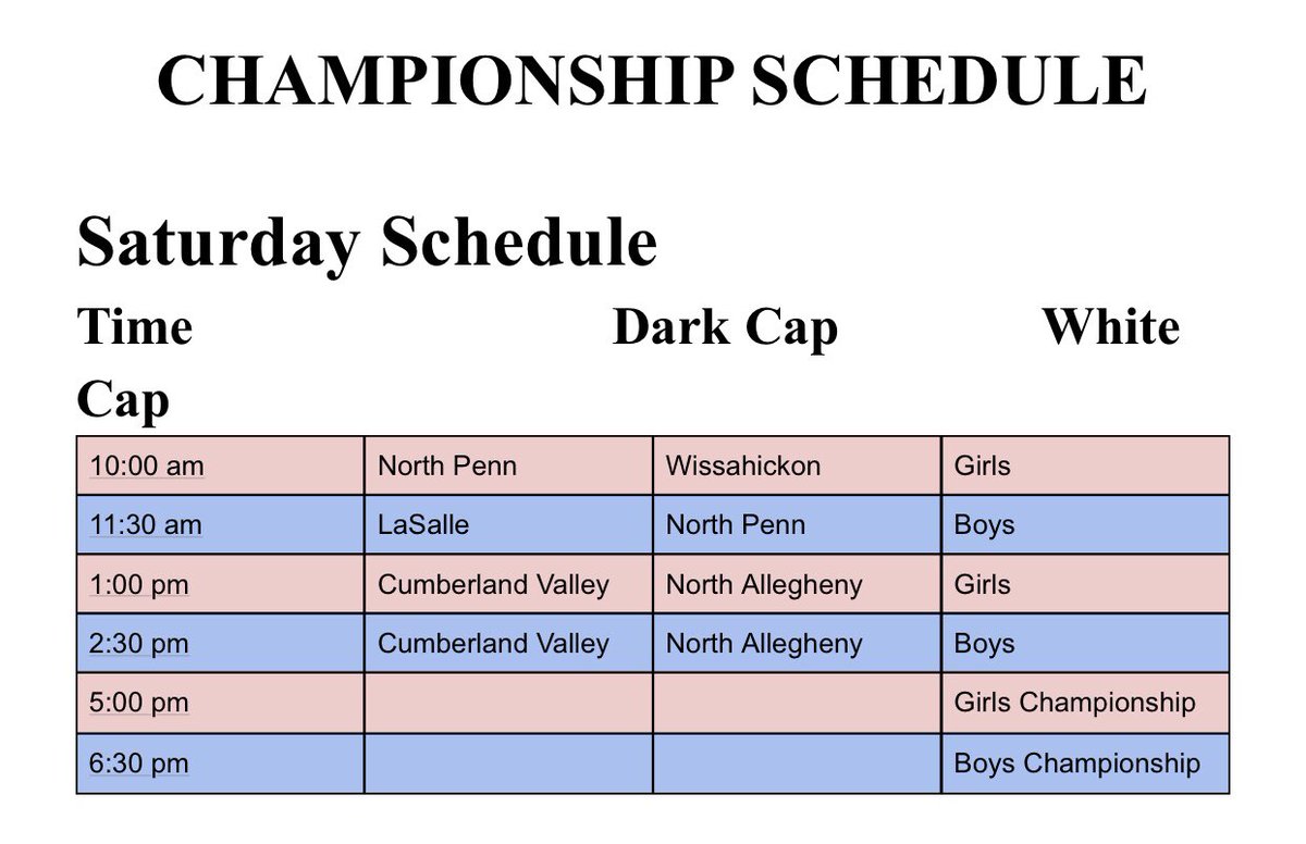 PA_WaterPolo's tweet photo. The stage is set! Saturday’s schedule is below, good luck to all teams competing! ⁦@NPKnightsPolo⁩ ⁦@WissahickonPolo⁩ ⁦@lschs⁩ ⁦@CVWaterPolo⁩ ⁦@na_polo⁩ https://t.co/CJNvwL2NIy