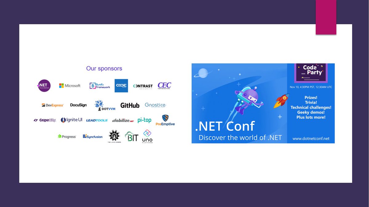 dotnetfdn's tweet image. #CodeParty at #dotNETConf, Nov 10, 4:30PM PST

hubs.ly/H0zn5Jw0 #prizes