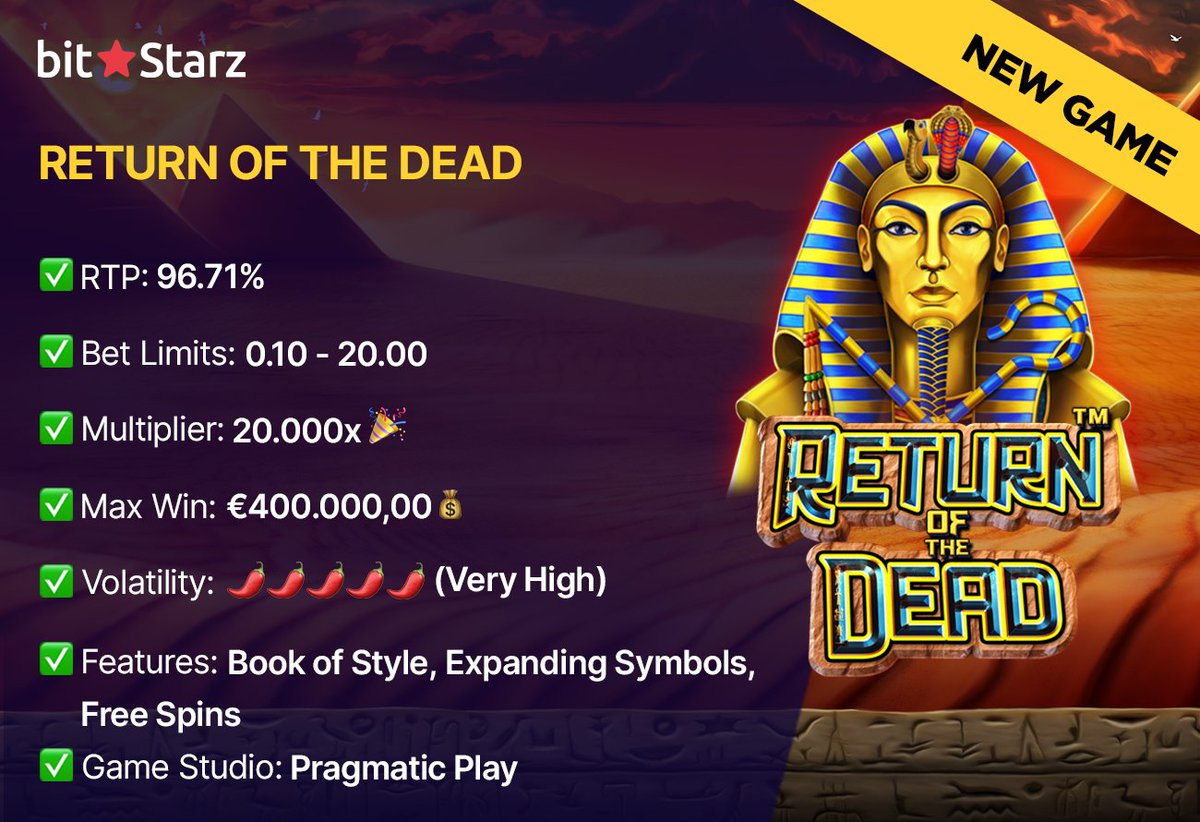 bitstarz's tweet photo. Get your hands on the gigantic treasures that are waiting in the Return of the Dead #slot by @PragmaticPlay 💰https://t.co/gwuoT0SE97
#ReturnOfTheDead #Casino #NewSlot #NewGame #BitStarz #GameGuide #OnlineSlots #SlotGames #OnlineCasino #BitcoinCasino https://t.co/71rY65qIy0