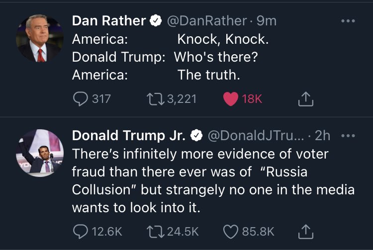 JRapiel's tweet photo. How fitting that Twitter decided to place these here @DanRather @DonaldJTrumpJr #TrumpIsLosing #TruthMatters https://t.co/RIWK7XzSc7
