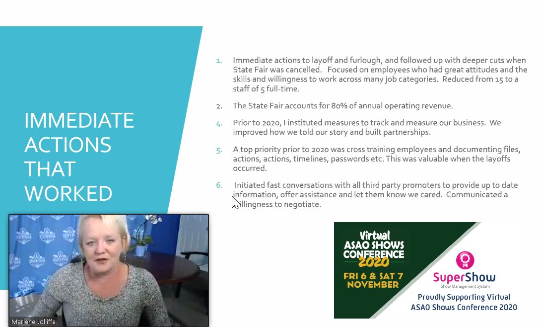 SupershowP's tweet photo. "It is so important to store information in the cloud" says Marlene Jolliffe, Executive Director and Vice President of @StateFairVA and Commonwealth Fairs and Events, Inc. USA today at the Virtual @ASAOshows Conference 2020.
#CloudSoftware #SuperShow #ShowManagementSoftware https://t.co/hoXJTxxEZK