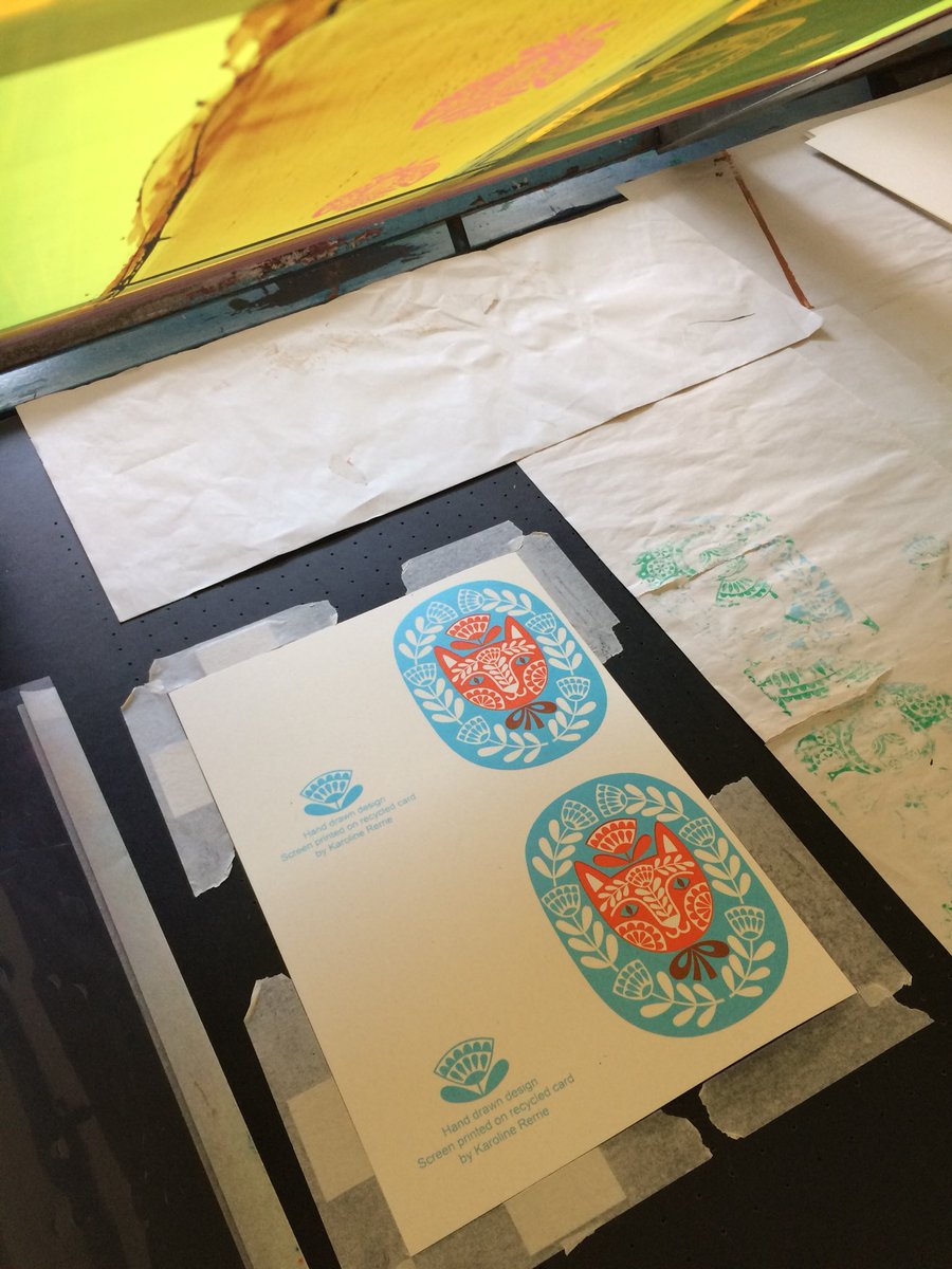 KarolineRerrie's tweet photo. Cheering myself up by #screenprinting these cute #orangecat #greetingscards. Blue &amp; orange is a risky #colourcombination but it’s worked well this time. Feeling better now I’m getting on with printing. https://t.co/jnJOfEJxlt