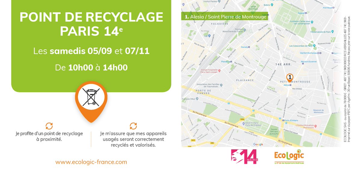 [Point de recyclage Ecologic]
Collecte des appareils électriques et électroniques en état de marche ou hors d'usage !
Prochain rendez-vous demain 7 novembre, de 10h à 14h, à Alésia/Saint-Pierre de Montrouge.