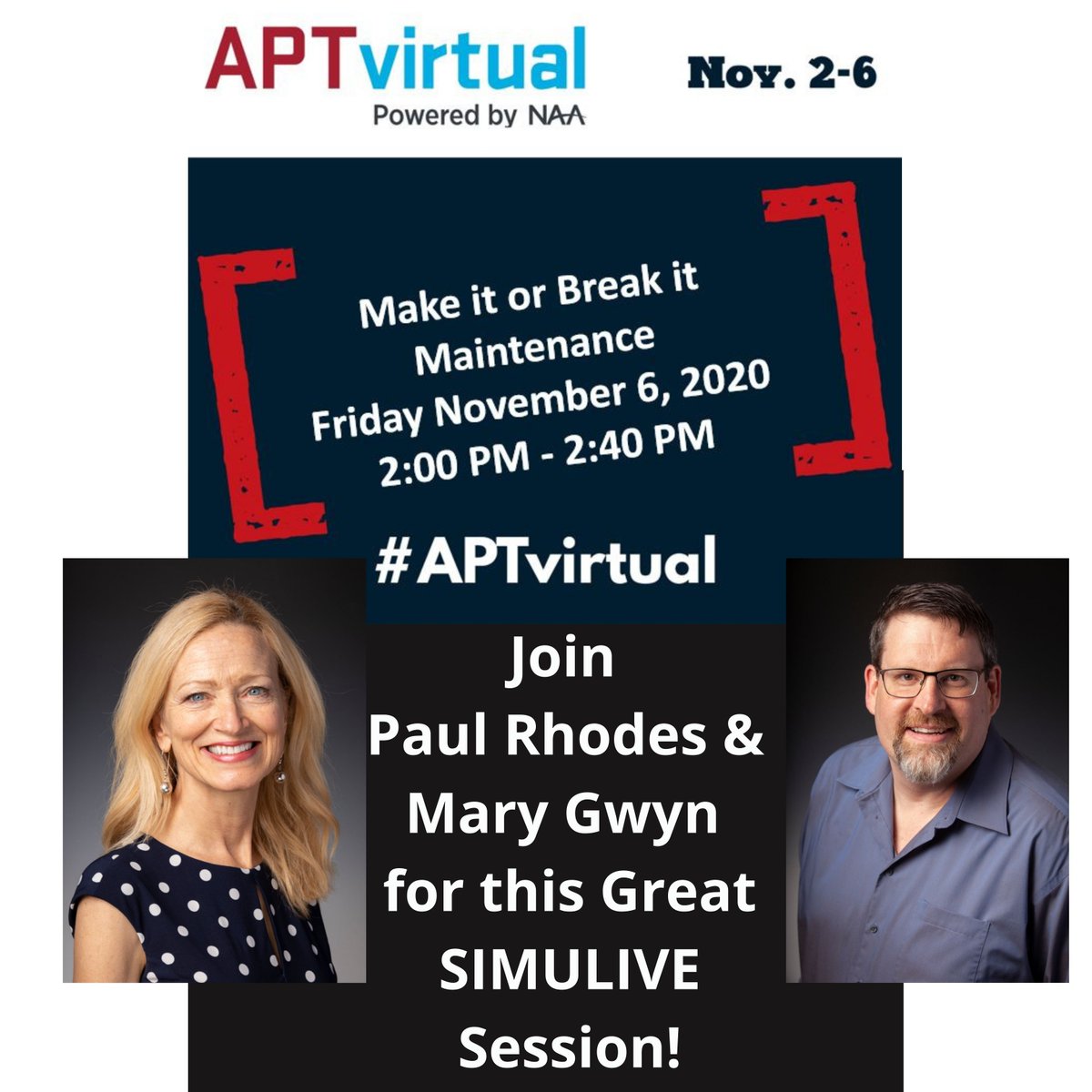 MarySGwyn's tweet photo. Join us TODAY! LIVE! For Make it or Break it Maintenance!  2-4 on NAA's #APTVirtual!  Don't miss it!  @PaulRhodes #maintenancerocks #teamworkmakesthedreamwork https://t.co/h8O1cCbb5x
