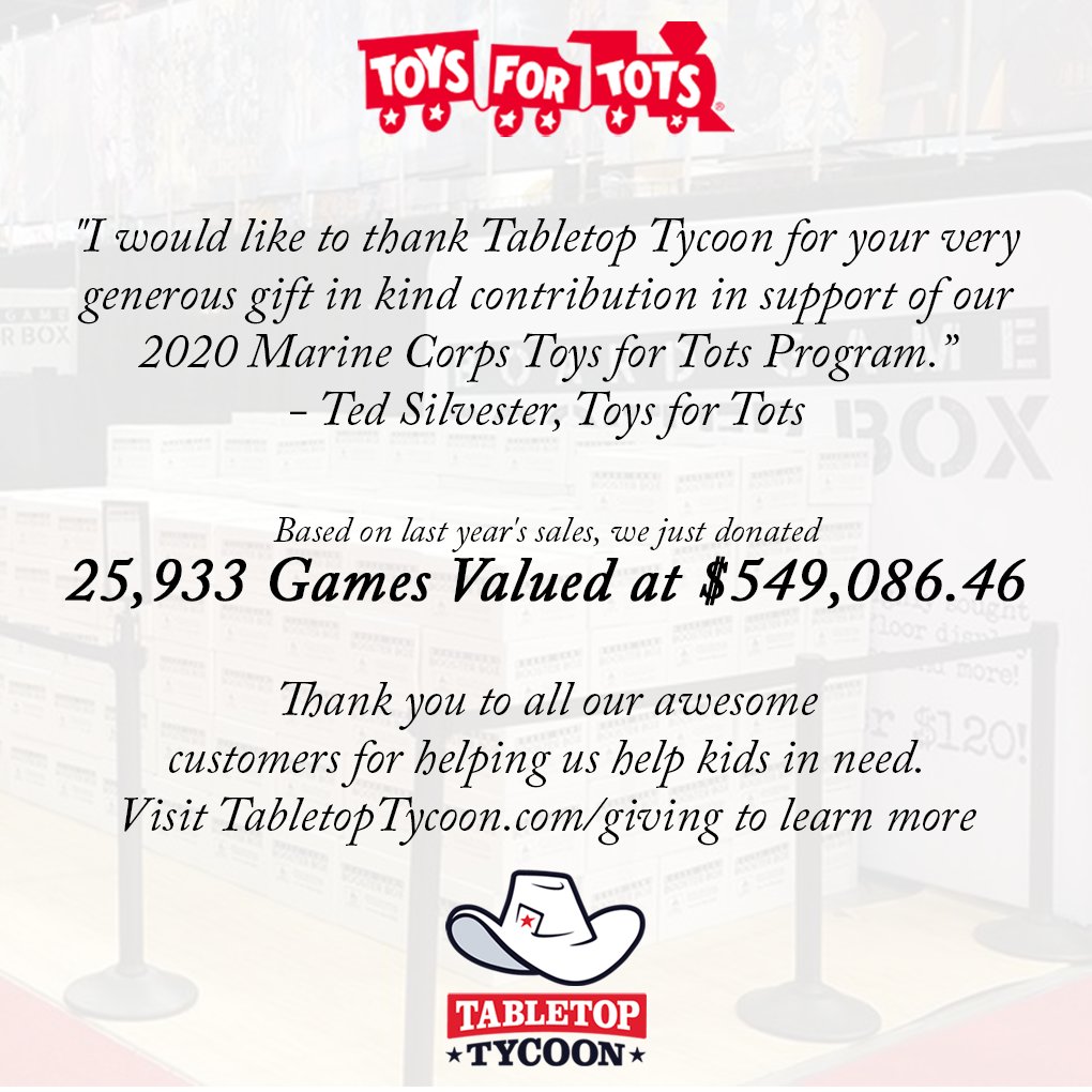 This year we are proud to announce that, with your help, we were able to donate 25,933 games to children in need. To date, we have raised enough to donate over 50,000 games to Toys for Tots. 
.
.
.
#ToysForTots #boardgames #boardgamegeek #boardgame #tabletopgames #gamenight