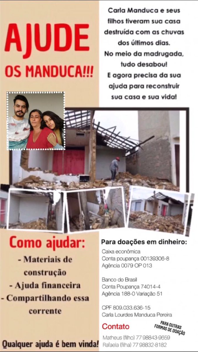 man_duca's tweet photo. Pessoas, pesoos e pessoes, venho aqui no tuinter informar que A CASA CAIU, literalmente falando, nesta madrugada de terça feira. Por conta da forte e constante chuva, a casa de minha mãe, que é onde moro, desabou. Segue abaixo informações (rt pfvr) https://t.co/ZN8Non0W3O
