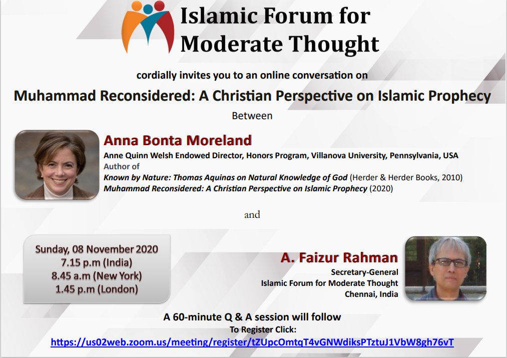 Insha Allah, this Sunday I will be in conversation with Prof. Anna Bonta Moreland on her well-researched book "Muhammad Reconsidered: A Christian Perspective on Islamic Prophecy" 

Registration Link (Zoom): us02web.zoom.us/meeting/regist…