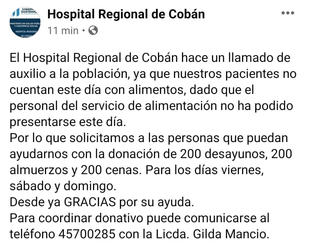 valdezpedia's tweet image. AYUDAAAA!  El Hospital de Cobán se quedó sin comida!!!!