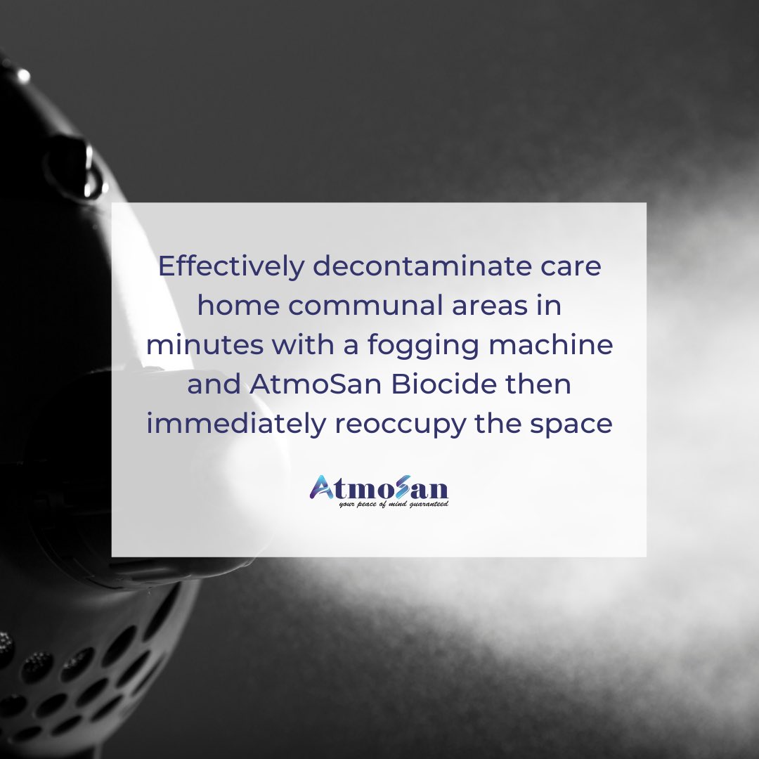 No more waiting for care home communal areas to be cleaned and safe to reuse... simply decontaminate using our fogging machine with AtmoSan Biocide between visits and it’s ready to reoccupy immediately.
atmosan.co.uk/decontaminatio…
#carehome #carehomes #natural #healthcare #covidsafe