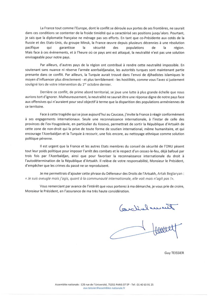 guyteissier's tweet photo. 📨J'ai adressé aujourd'hui un courrier, cosigné par 39 de mes collègues, à @EmmanuelMacron pour l'interpeller au sujet de la situation au #HautKarabagh 
La France se doit aujourd'hui de sortir de sa position de neutralité dans ce conflit !
#RecognizeArtsakh #HautKarabagh 🇦🇲🇫🇷 https://t.co/oHNPiAupo7
