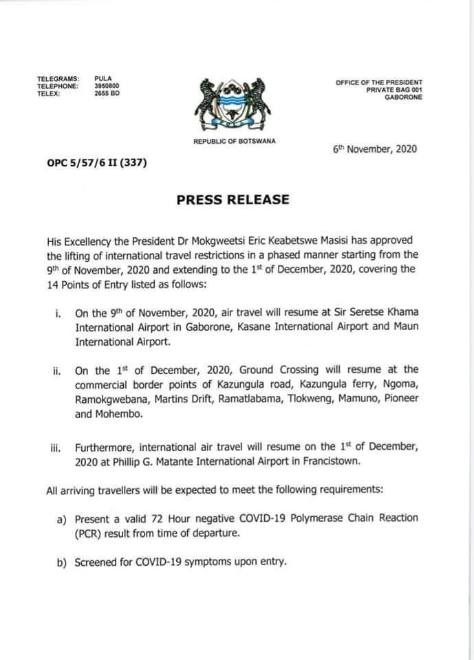 SeramePeggy's tweet photo. Kindly note that international travel restrictions have been lifted in a phased manner starting from 9th November  2020. Emphasis has been made on compliance with the health protocols for all travelers to minimise the risks of covid19 spread. #AdvancingBotswanaForward https://t.co/vu7QVEaW1S
